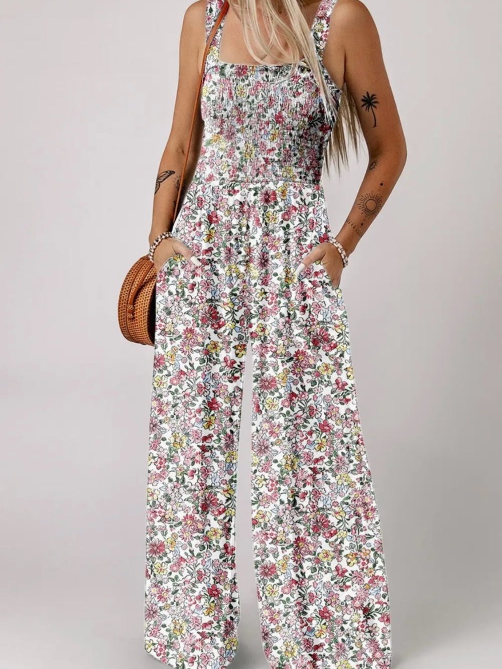 Floral Smocked Wide-Leg Jumpsuit - White/Pink